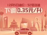 12月5日24時起：92號汽油下調(diào)0.35元/升